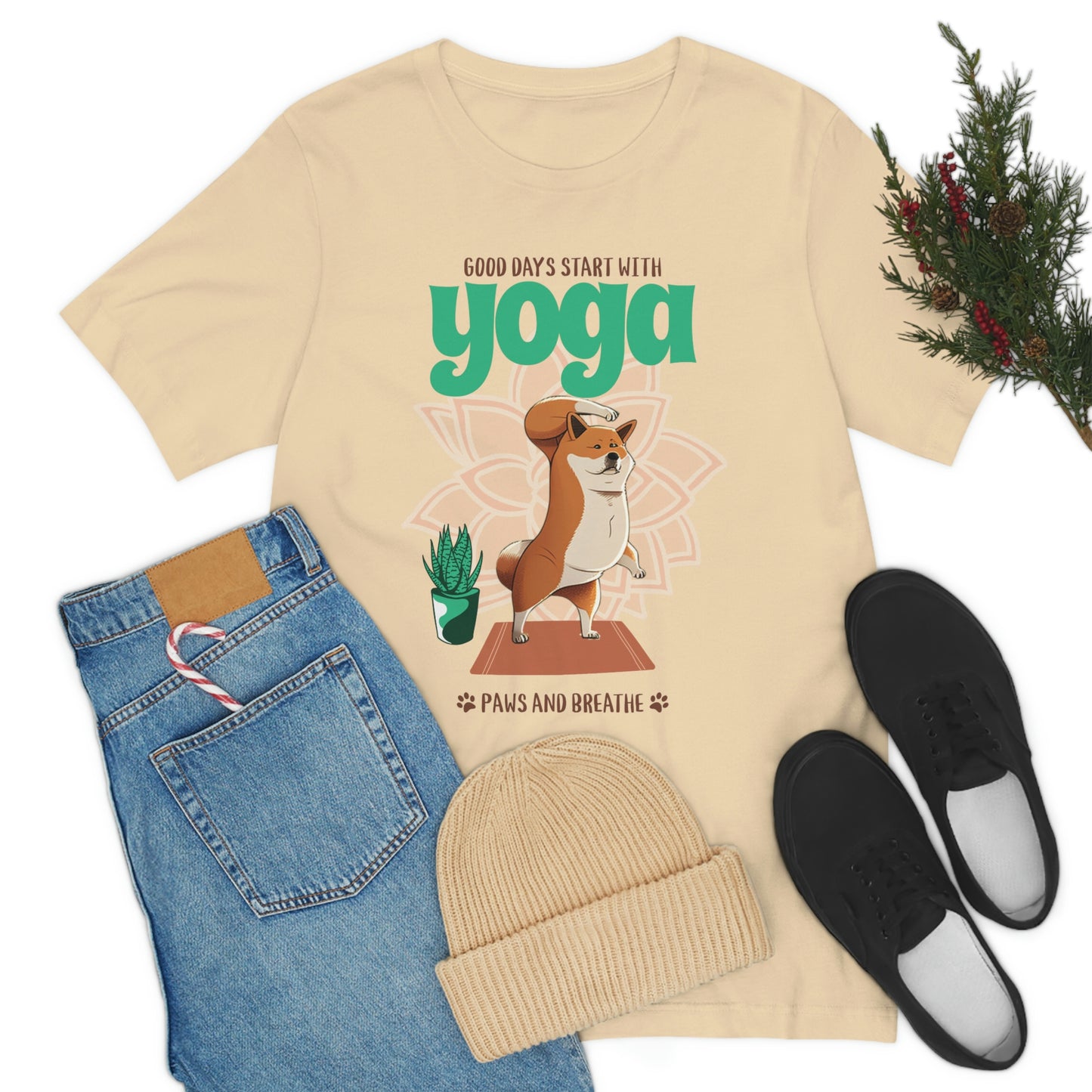 Good Days Start with Yoga, Paws, and Breath Shiba Inu T-Shirt - Soft 100% Retail Fit - Great for Dog Lovers and Yogis