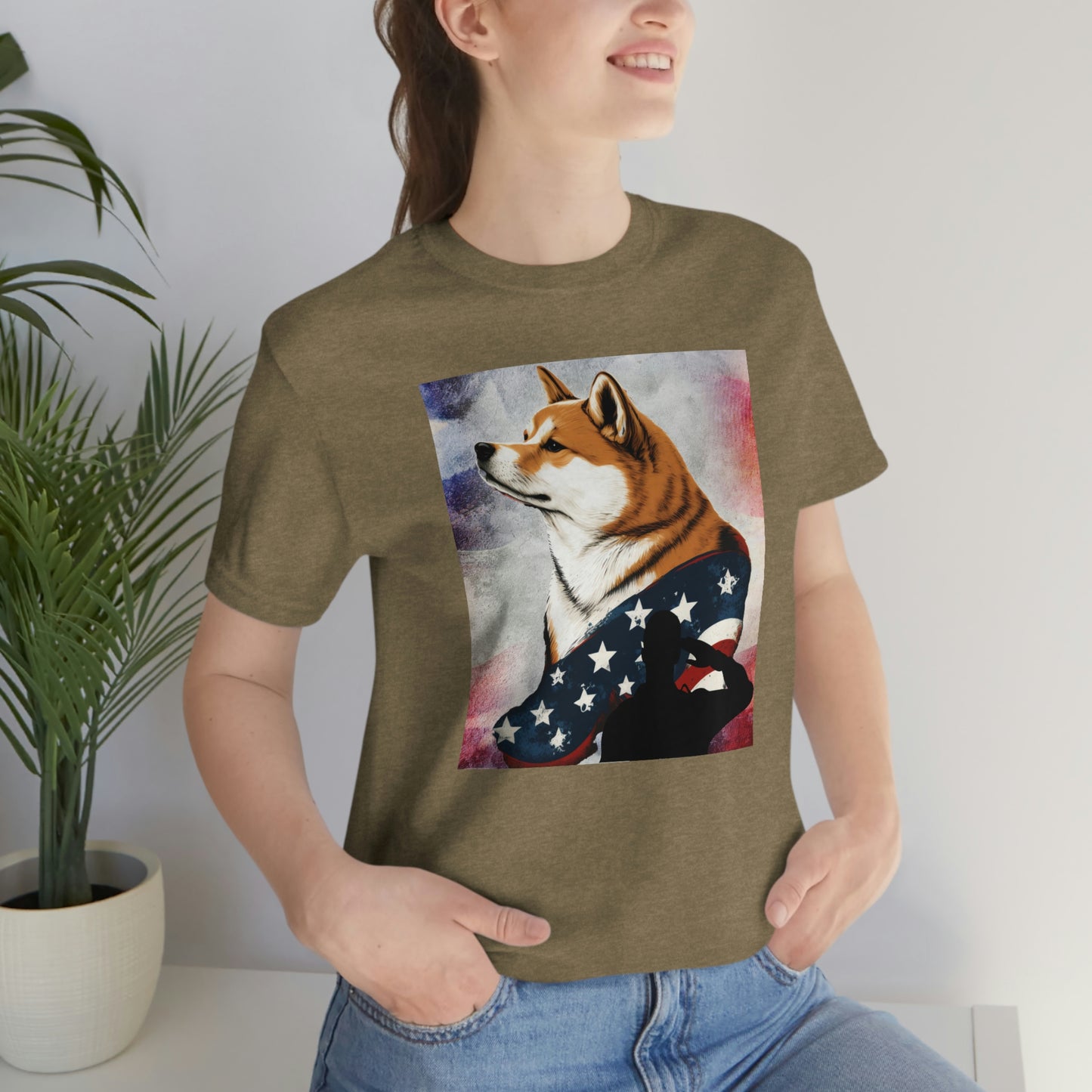 Patriotic Shiba Inu T-Shirt Support Our Troops | American Flag and Soldier Silhouette | Shiba Inu Tee with High-Quality Print