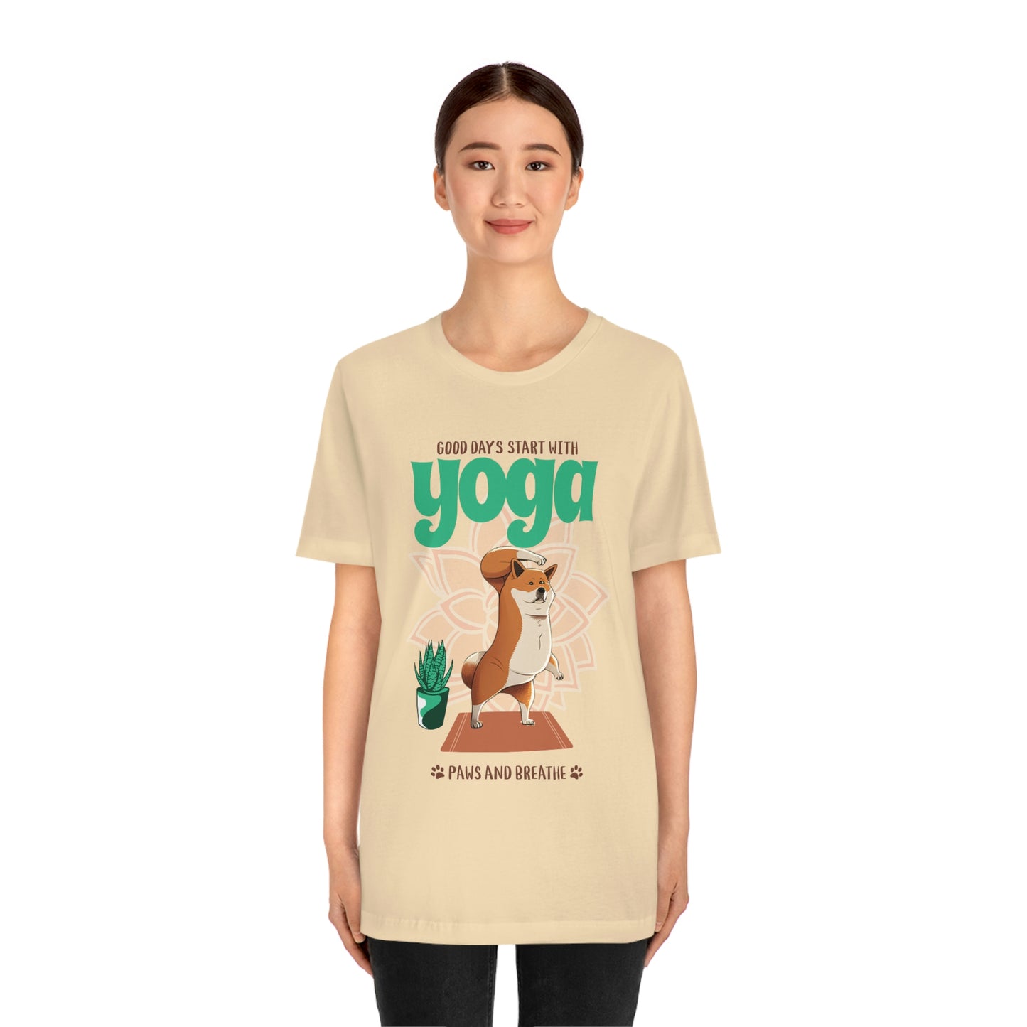 Good Days Start with Yoga, Paws, and Breath Shiba Inu T-Shirt - Soft 100% Retail Fit - Great for Dog Lovers and Yogis