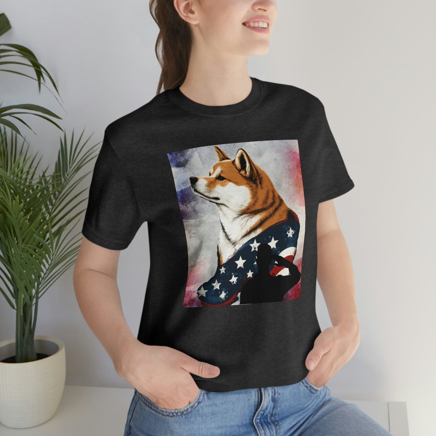 Patriotic Shiba Inu T-Shirt Support Our Troops | American Flag and Soldier Silhouette | Shiba Inu Tee with High-Quality Print