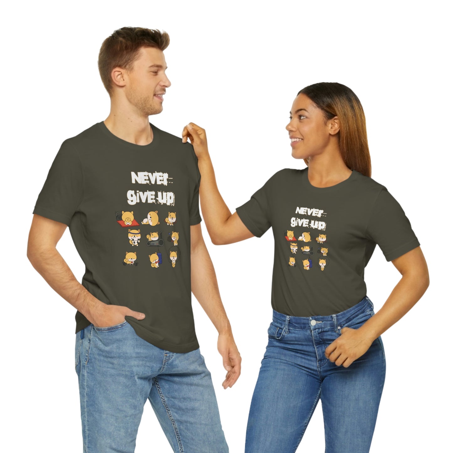 Never Give Up" Workout Shiba Inus T-Shirt - Soft & Durable Jersey Tee