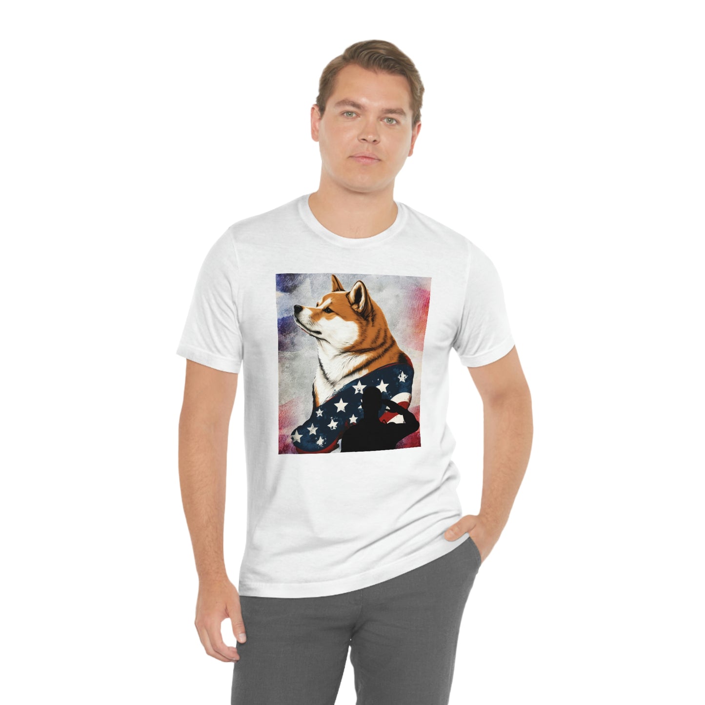 Patriotic Shiba Inu T-Shirt Support Our Troops | American Flag and Soldier Silhouette | Shiba Inu Tee with High-Quality Print