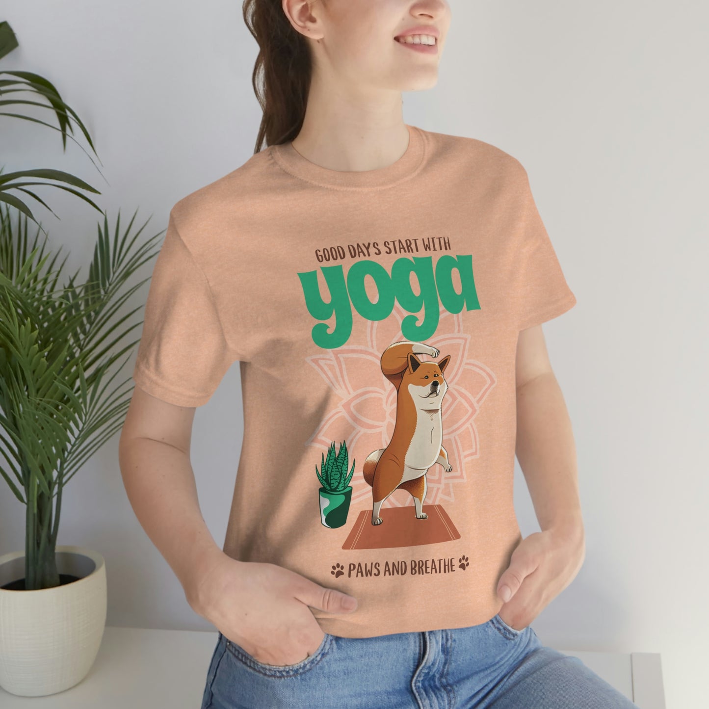 Good Days Start with Yoga, Paws, and Breath Shiba Inu T-Shirt - Soft 100% Retail Fit - Great for Dog Lovers and Yogis