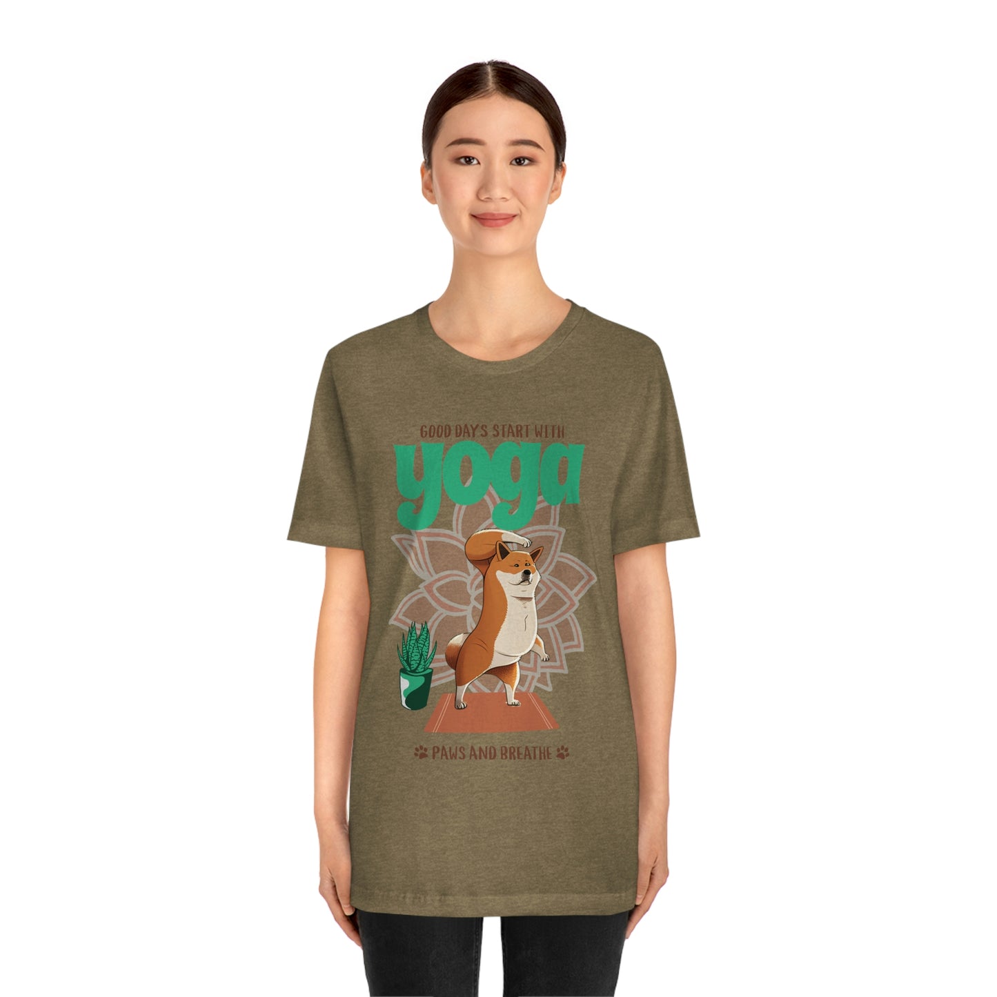 Good Days Start with Yoga, Paws, and Breath Shiba Inu T-Shirt - Soft 100% Retail Fit - Great for Dog Lovers and Yogis