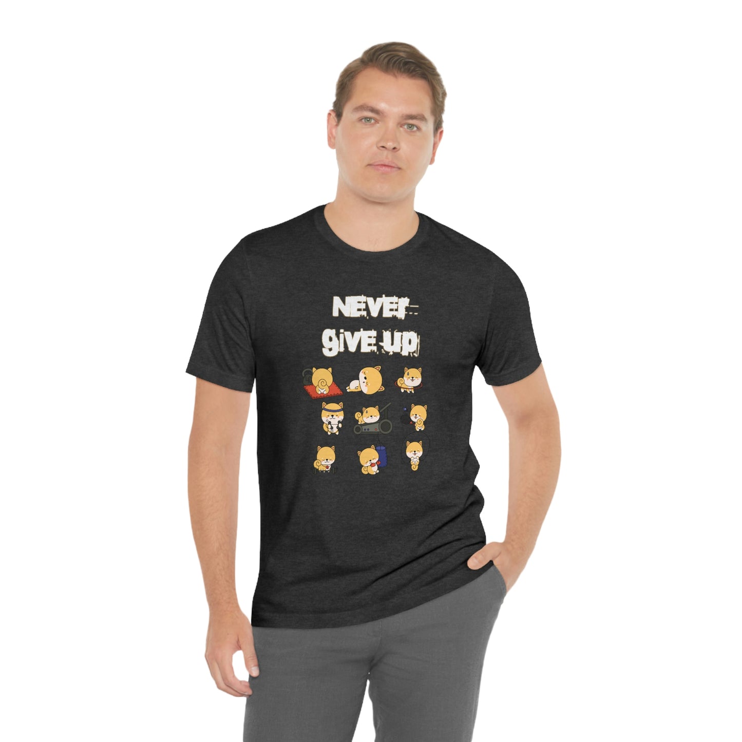 Never Give Up" Workout Shiba Inus T-Shirt - Soft & Durable Jersey Tee