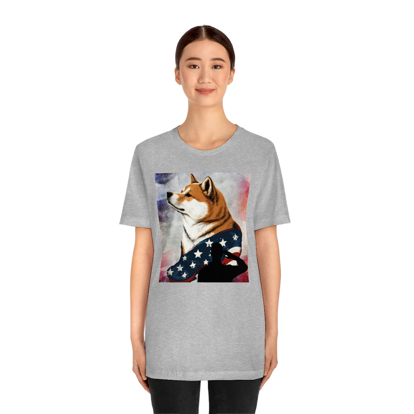 Patriotic Shiba Inu T-Shirt Support Our Troops | American Flag and Soldier Silhouette | Shiba Inu Tee with High-Quality Print