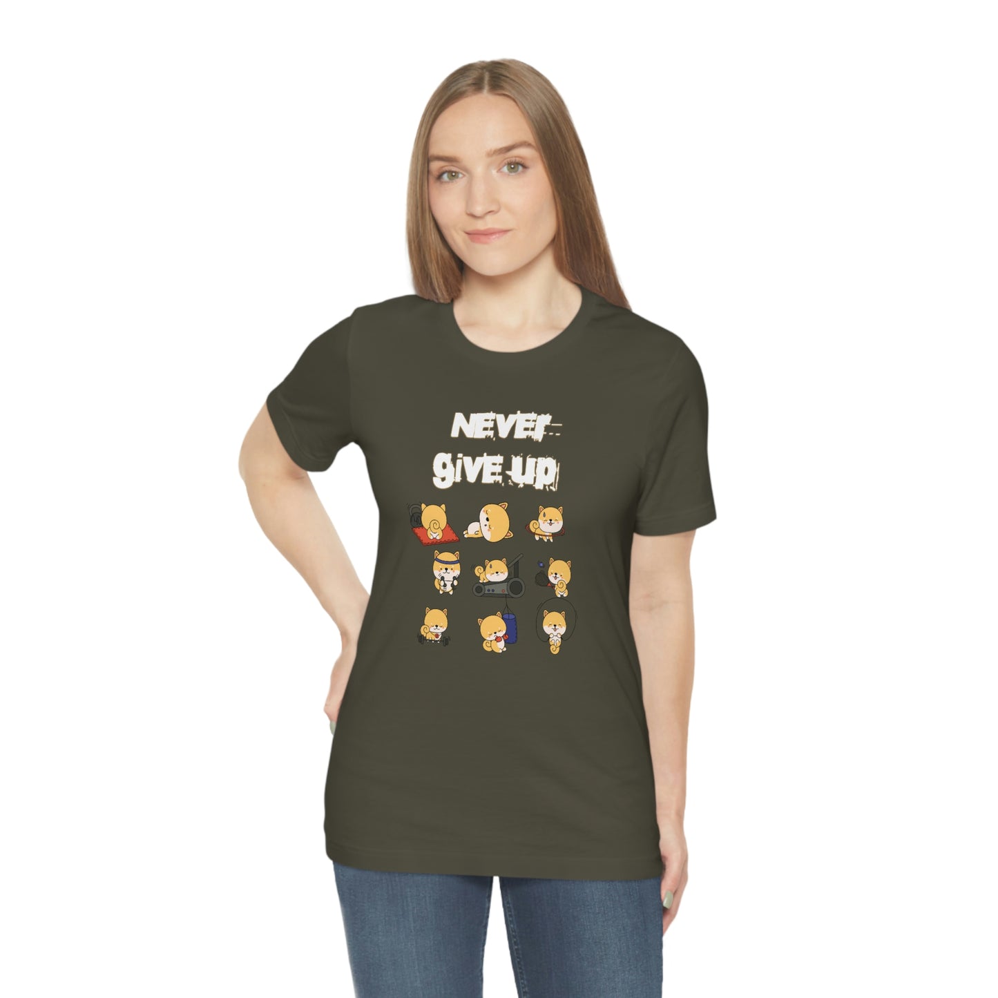 Never Give Up" Workout Shiba Inus T-Shirt - Soft & Durable Jersey Tee