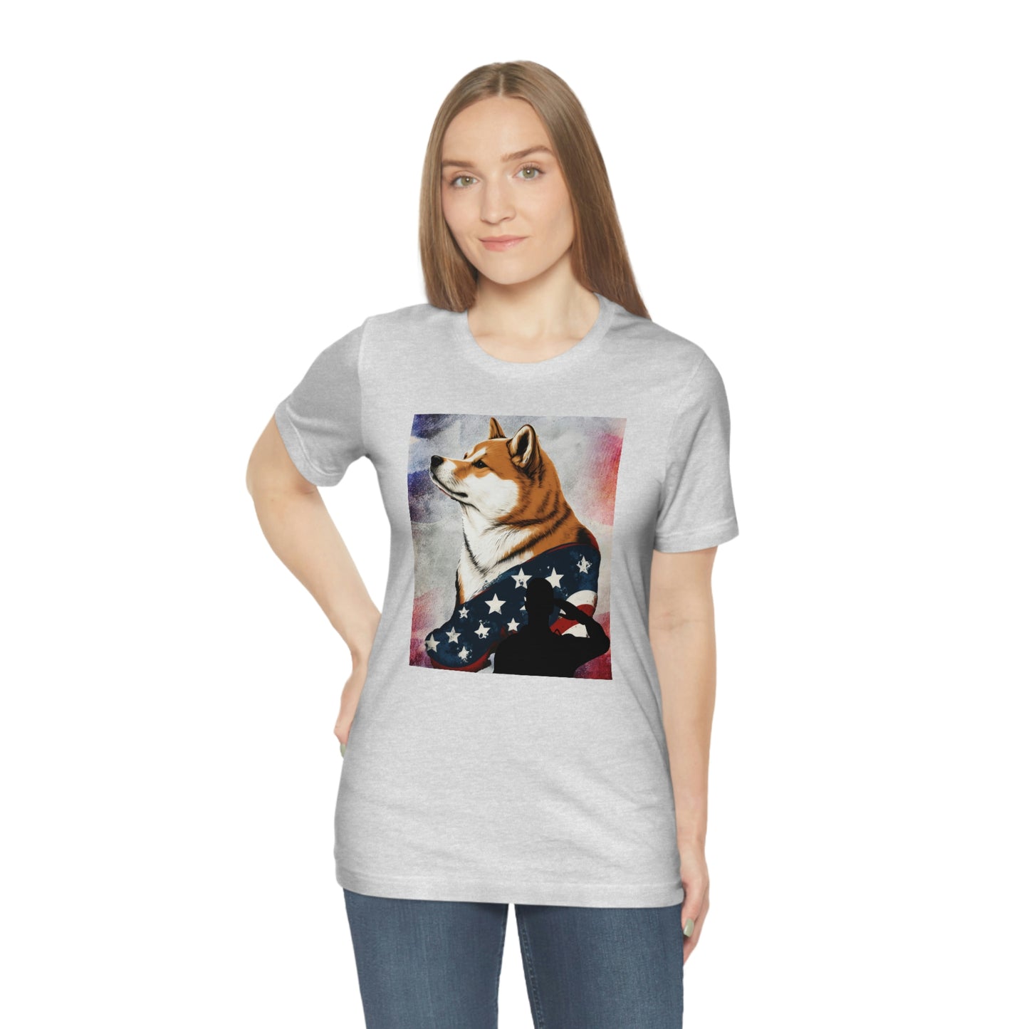 Patriotic Shiba Inu T-Shirt Support Our Troops | American Flag and Soldier Silhouette | Shiba Inu Tee with High-Quality Print