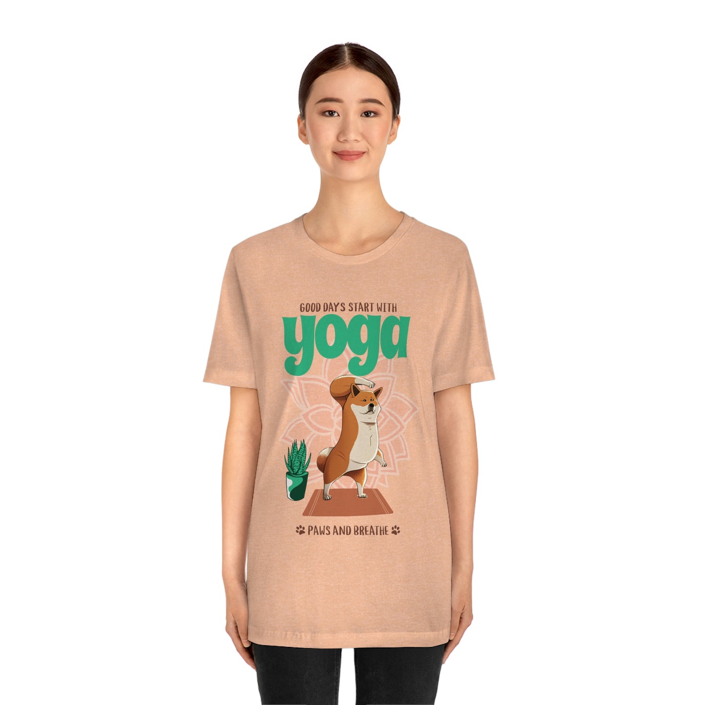 Good Days Start with Yoga, Paws, and Breath Shiba Inu T-Shirt - Soft 100% Retail Fit - Great for Dog Lovers and Yogis