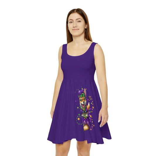 Mardi Gras Shiba Inu Skater Dress, Cute Shiba Dance Party, All-Over Print Women's Clothing, Mardi Gras Themed Artwork