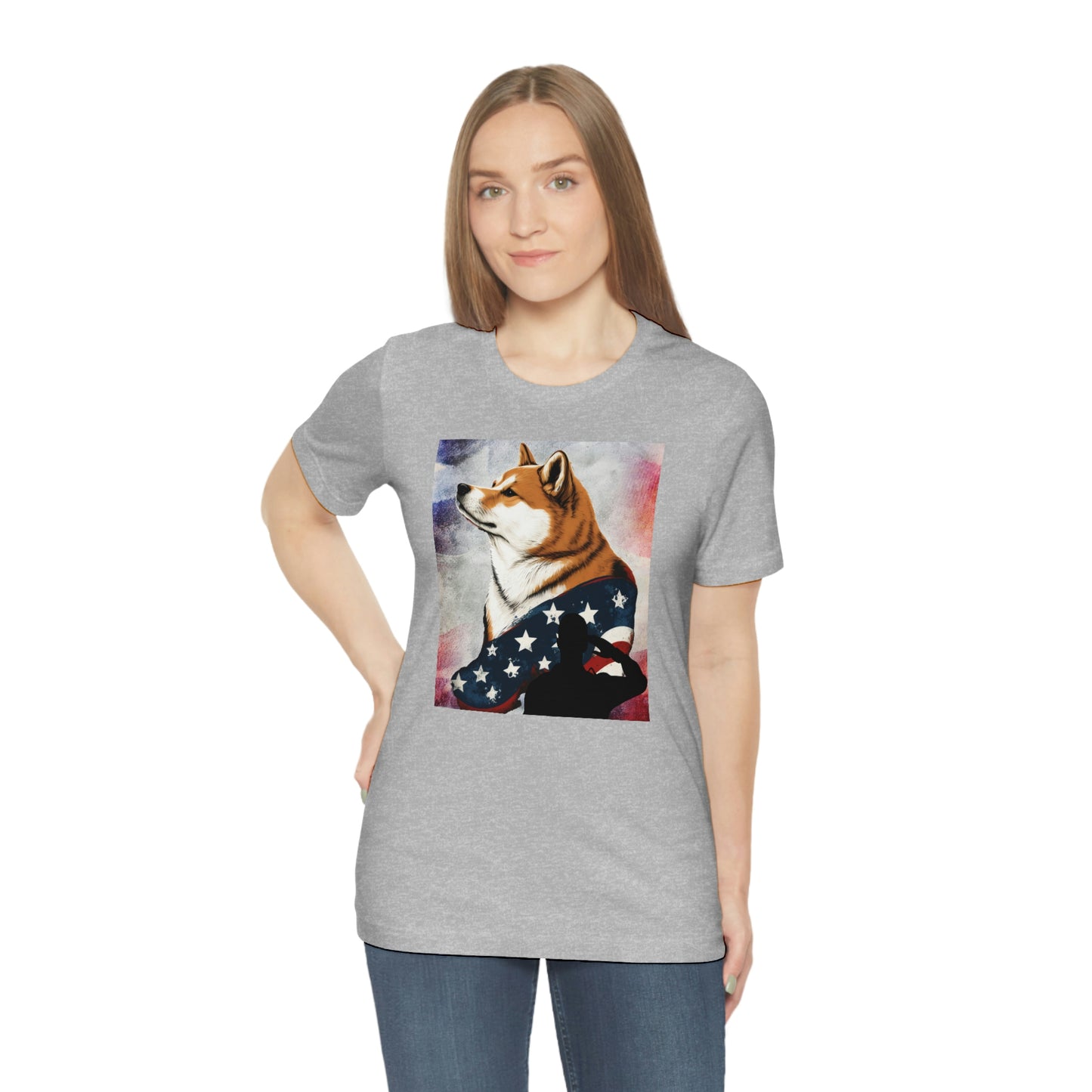 Patriotic Shiba Inu T-Shirt Support Our Troops | American Flag and Soldier Silhouette | Shiba Inu Tee with High-Quality Print