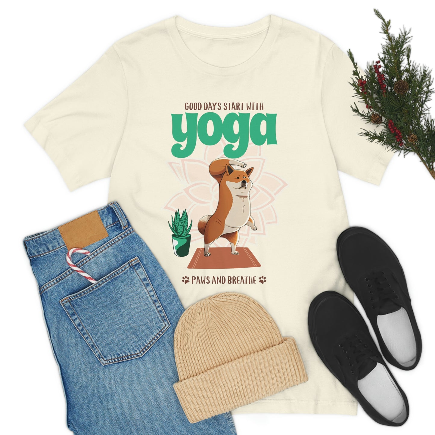 Good Days Start with Yoga, Paws, and Breath Shiba Inu T-Shirt - Soft 100% Retail Fit - Great for Dog Lovers and Yogis