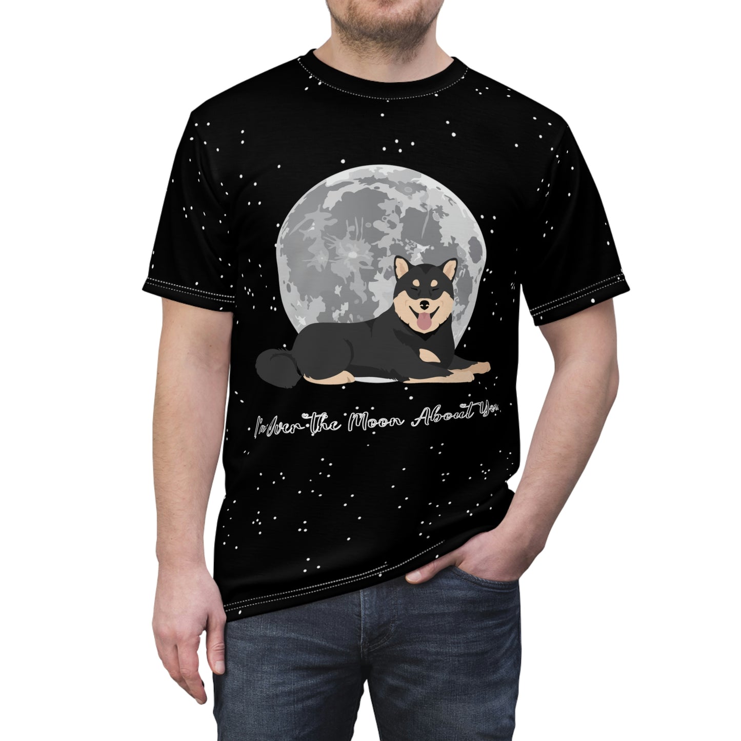 Over the Moon | Shiba Inu | Unisex AOP Cut & Sew Tee