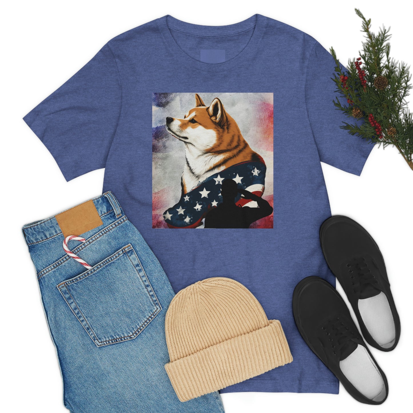 Patriotic Shiba Inu T-Shirt Support Our Troops | American Flag and Soldier Silhouette | Shiba Inu Tee with High-Quality Print