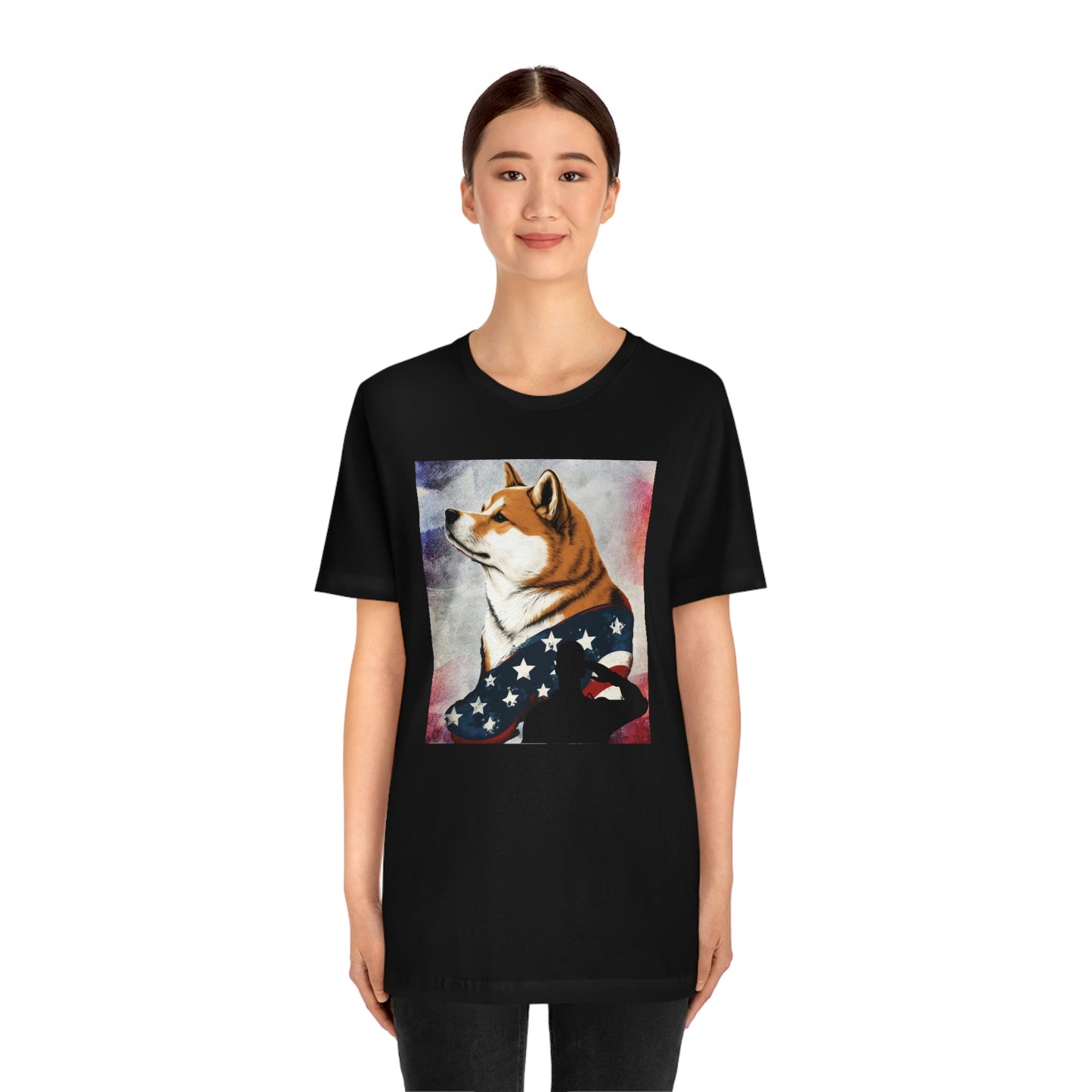 Patriotic Shiba Inu T-Shirt Support Our Troops | American Flag and Soldier Silhouette | Shiba Inu Tee with High-Quality Print