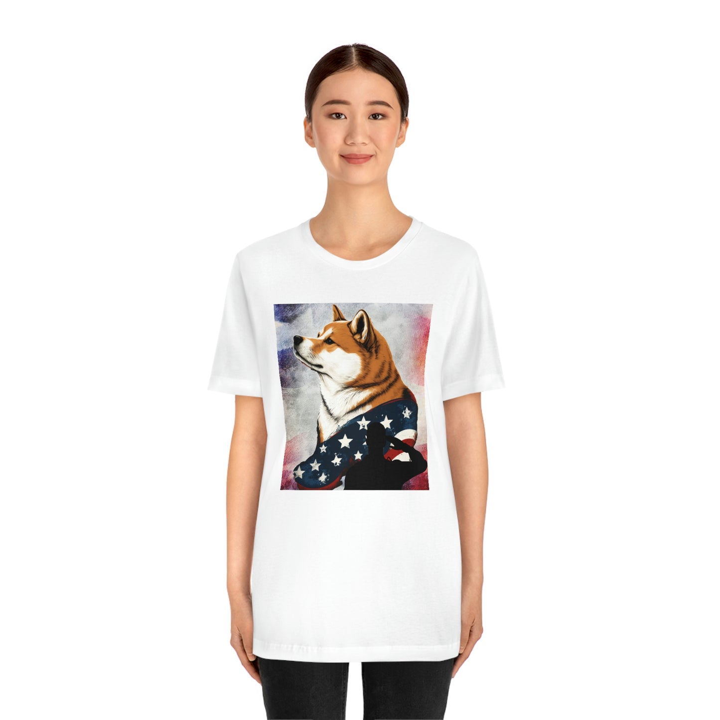 Patriotic Shiba Inu T-Shirt Support Our Troops | American Flag and Soldier Silhouette | Shiba Inu Tee with High-Quality Print