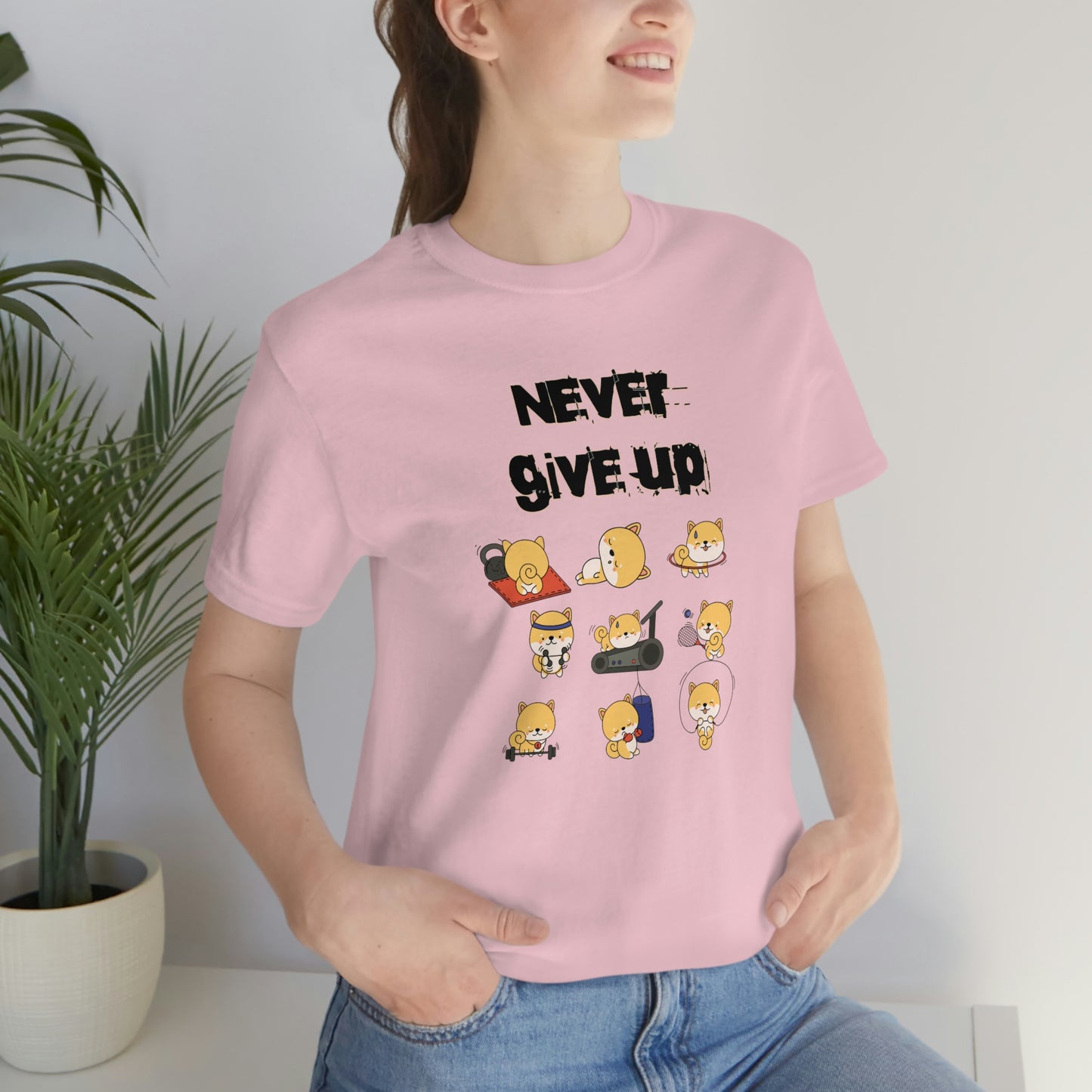 Never Give Up" Workout Shiba Inus T-Shirt - Soft & Durable Jersey Tee