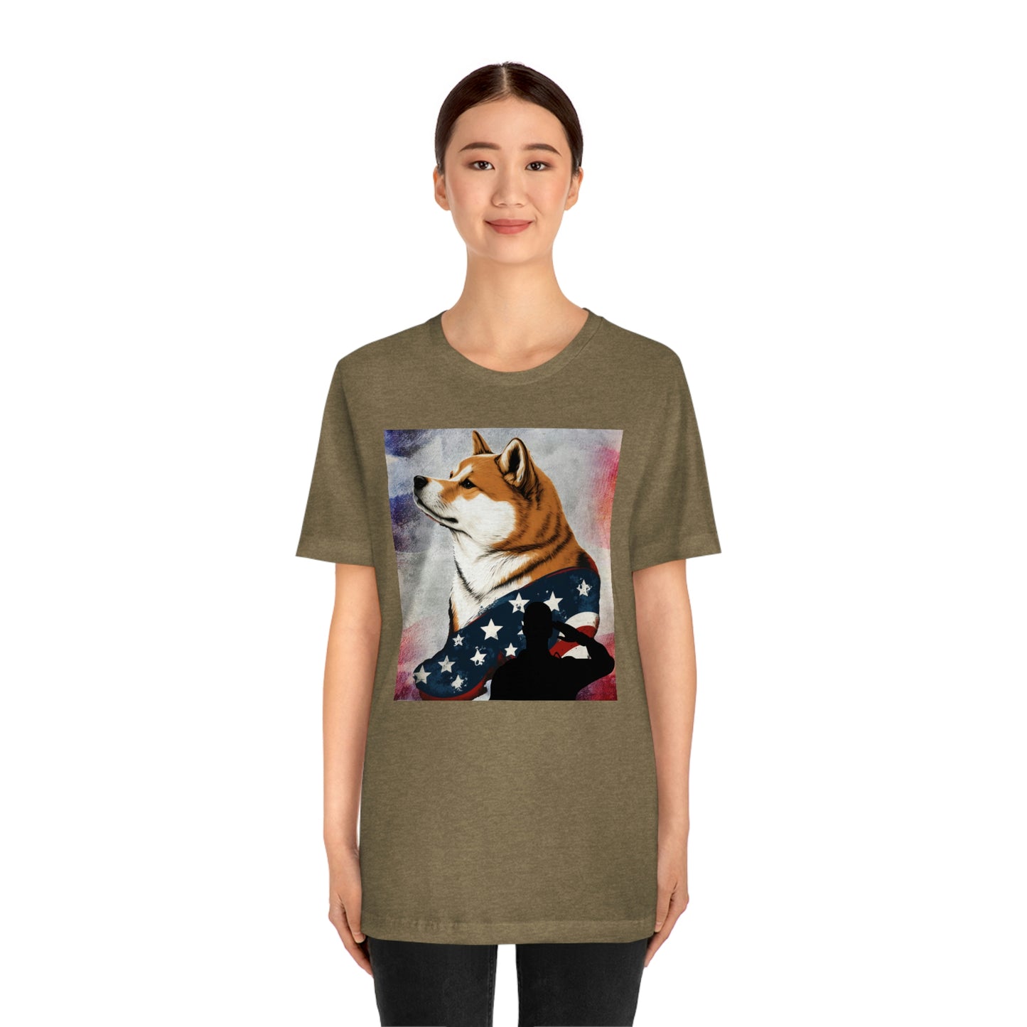 Patriotic Shiba Inu T-Shirt Support Our Troops | American Flag and Soldier Silhouette | Shiba Inu Tee with High-Quality Print