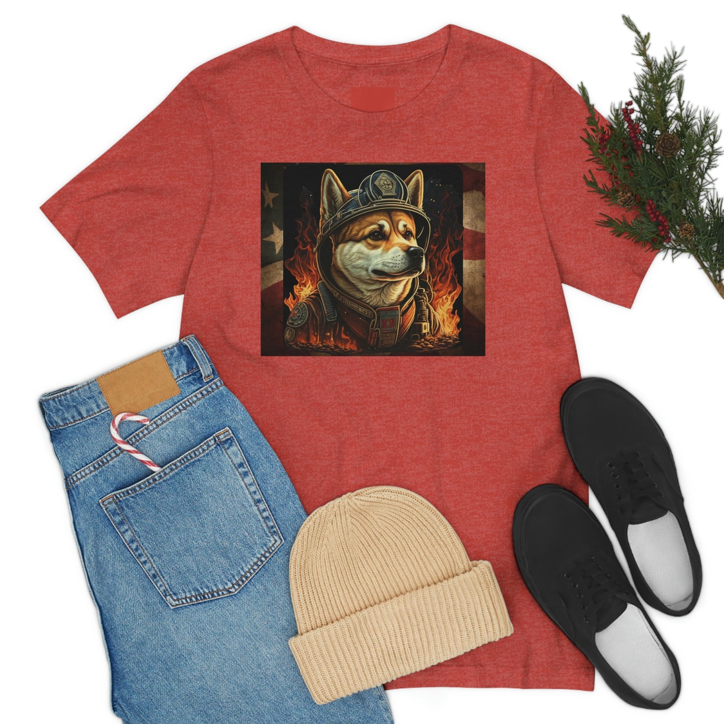 Firefighter Shiba Inu T-Shirt | Support First Responders | American Flag | Shiba Inu Tee | High-Quality Print | Gift for Him | Gift for Her