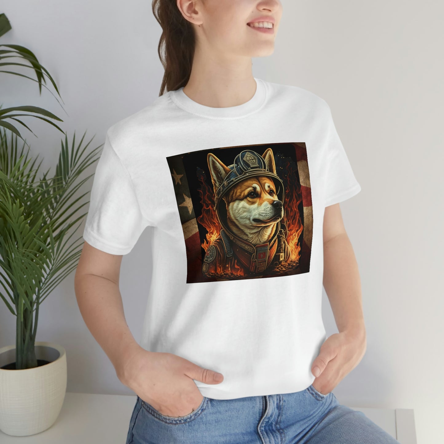 Firefighter Shiba Inu T-Shirt | Support First Responders | American Flag | Shiba Inu Tee | High-Quality Print | Gift for Him | Gift for Her