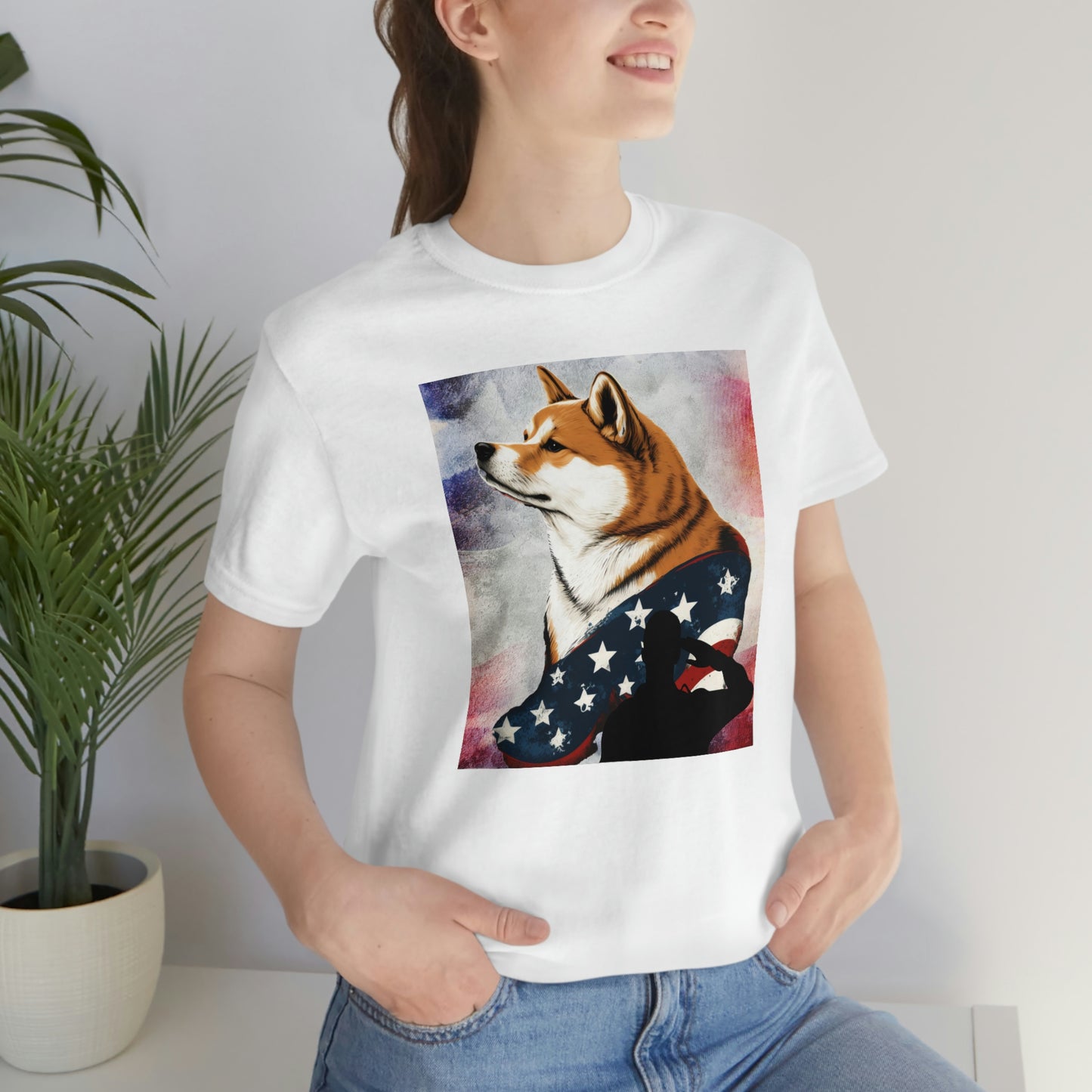 Patriotic Shiba Inu T-Shirt Support Our Troops | American Flag and Soldier Silhouette | Shiba Inu Tee with High-Quality Print