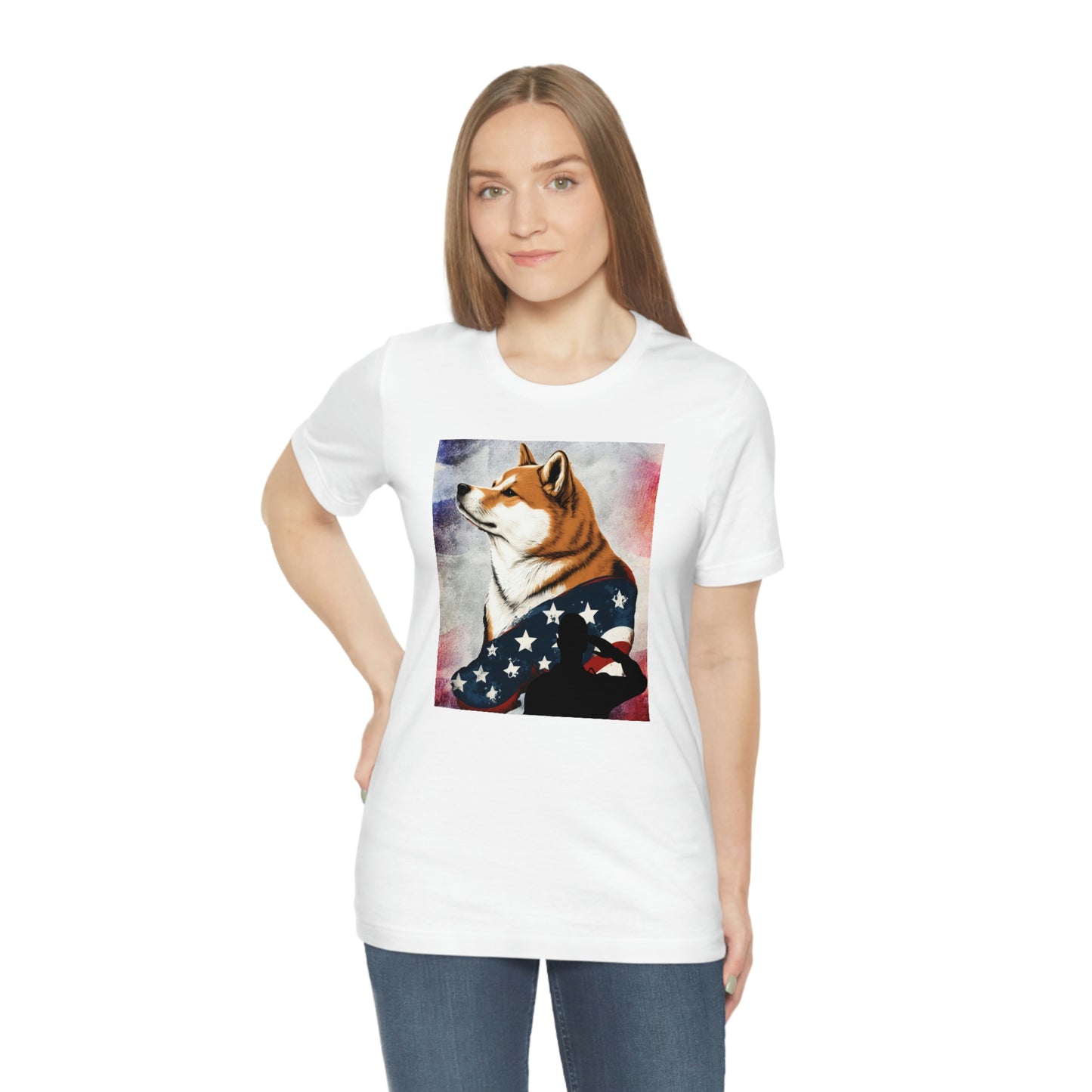 Patriotic Shiba Inu T-Shirt Support Our Troops | American Flag and Soldier Silhouette | Shiba Inu Tee with High-Quality Print