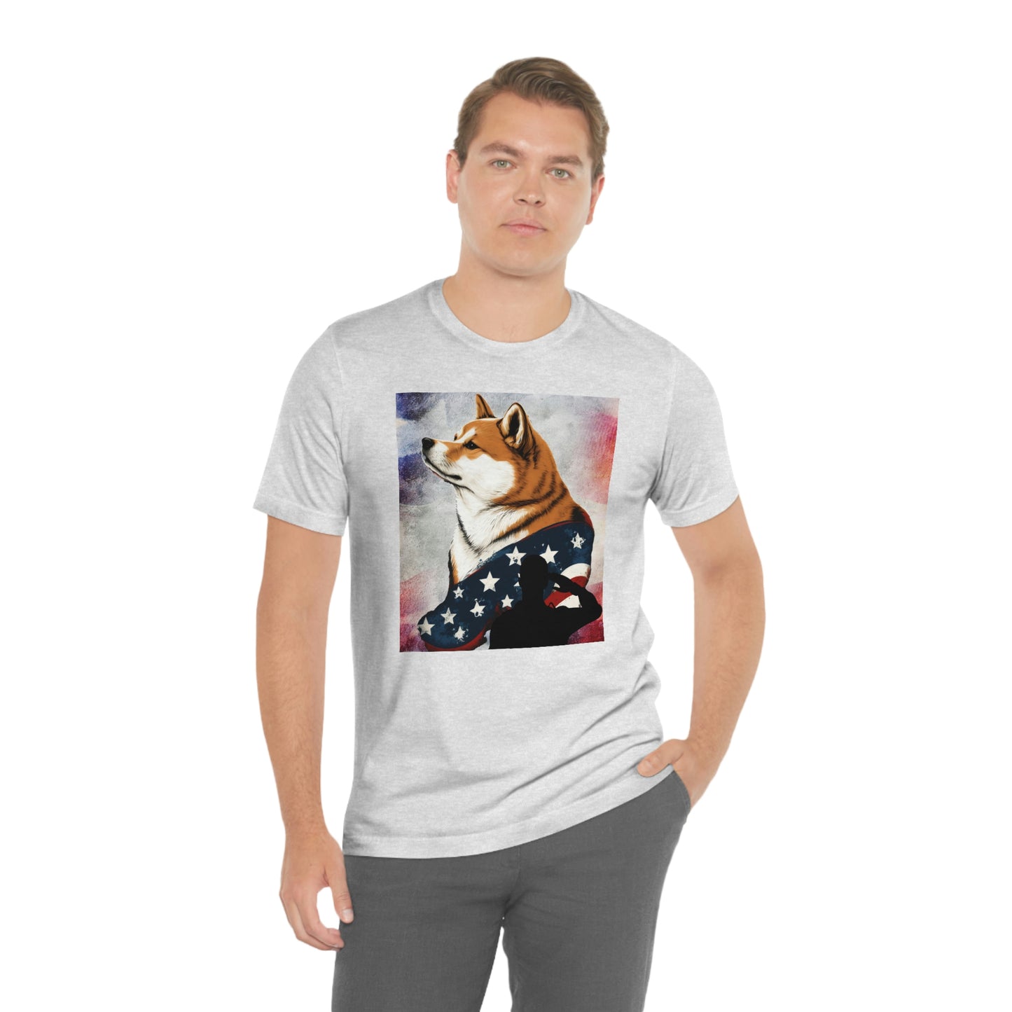 Patriotic Shiba Inu T-Shirt Support Our Troops | American Flag and Soldier Silhouette | Shiba Inu Tee with High-Quality Print