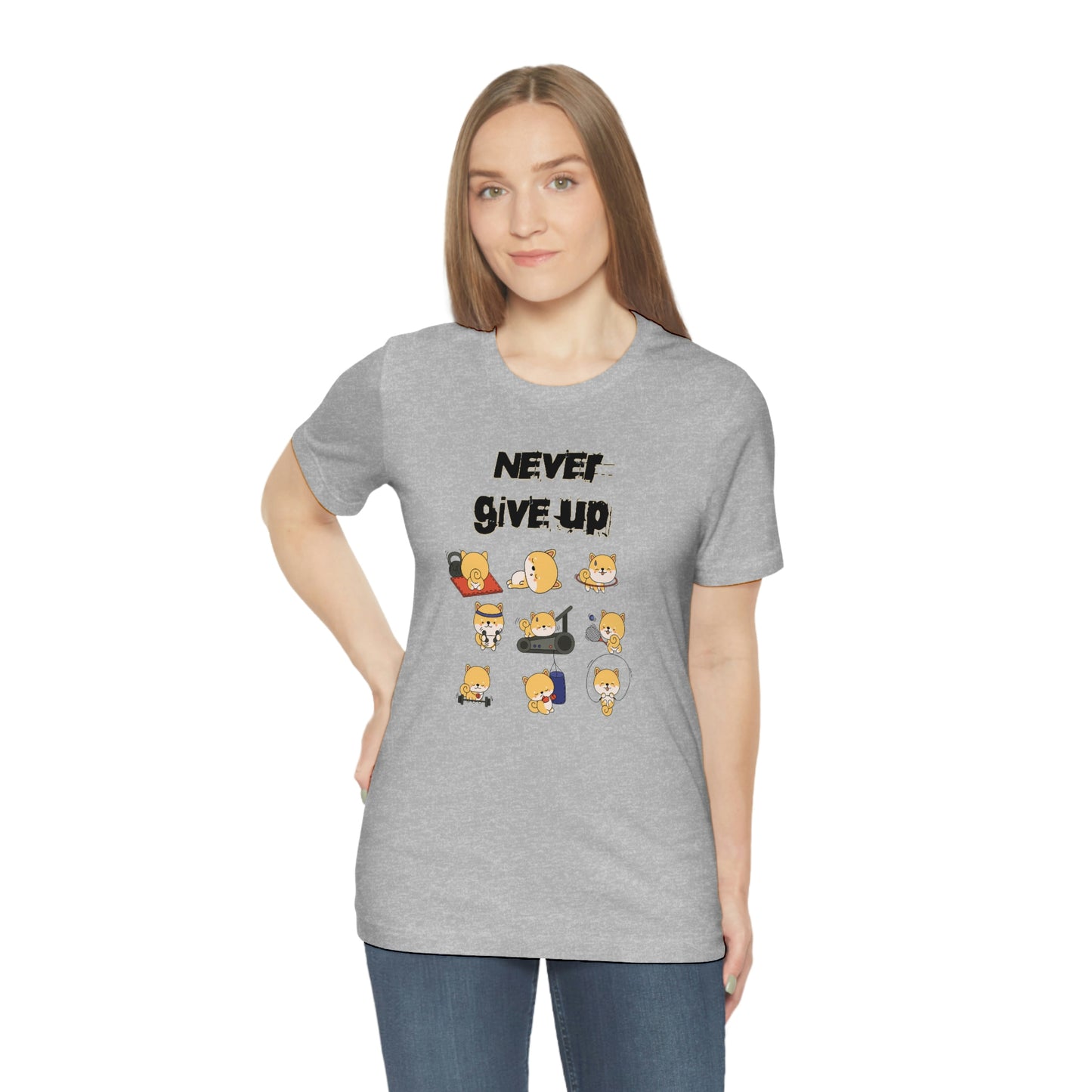 Never Give Up" Workout Shiba Inus T-Shirt - Soft & Durable Jersey Tee