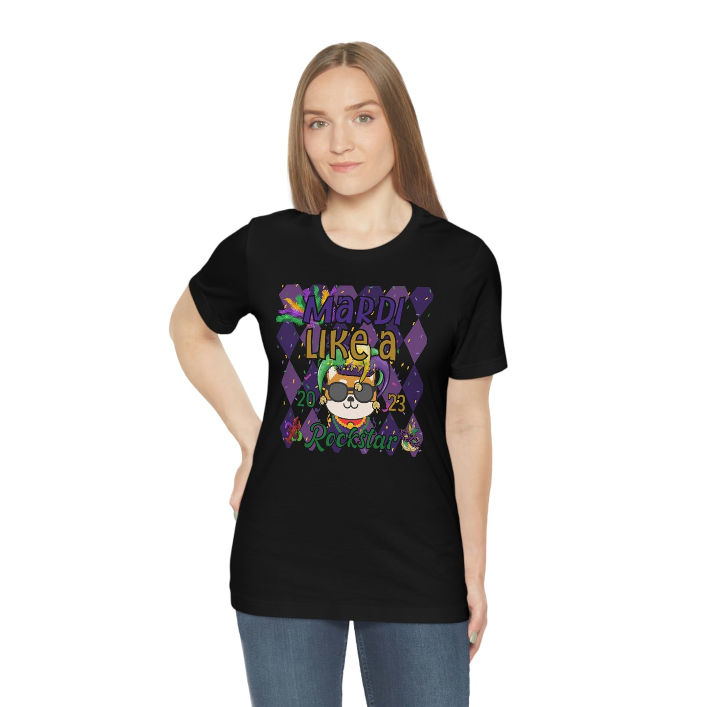 Mardi Gras Shiba Inu T-Shirt - Mardi Like a Rockstar - Dog Lover Gift - Comfortable Cotton Tee