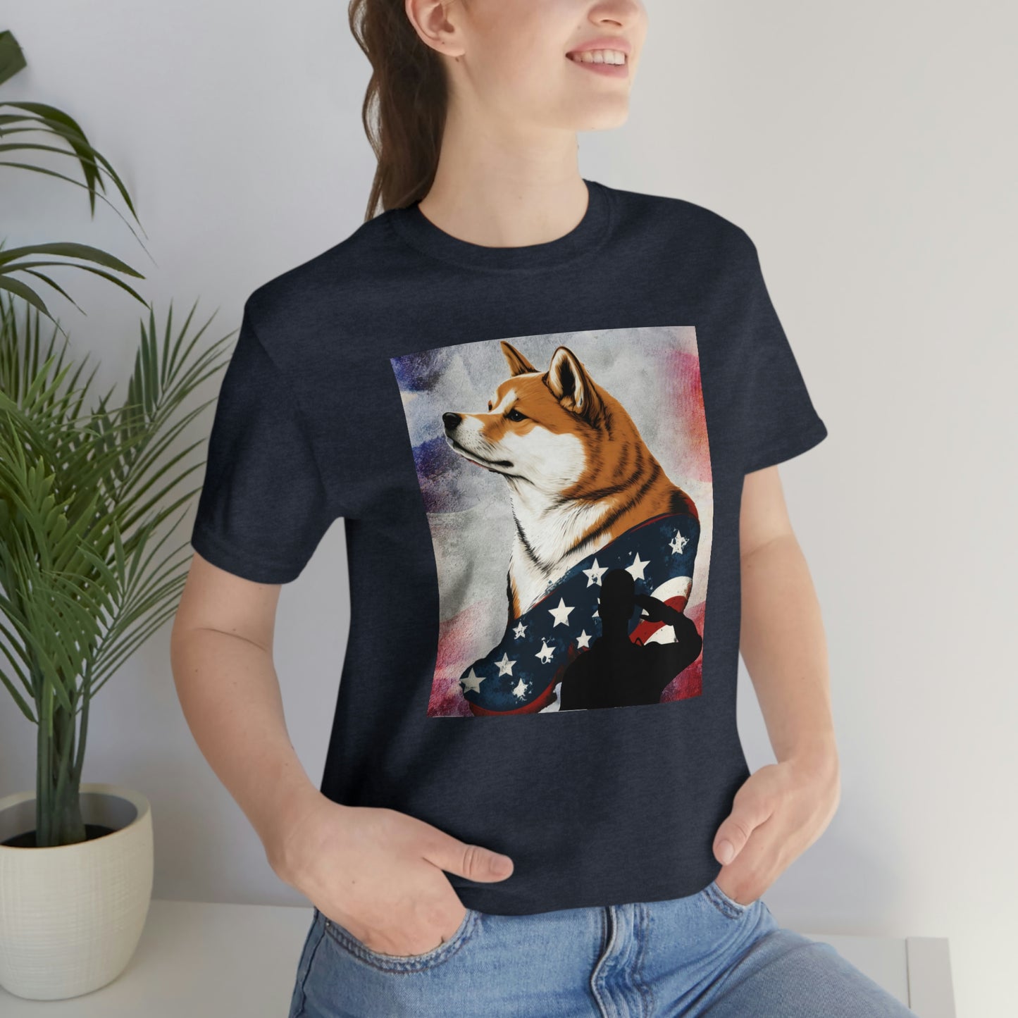 Patriotic Shiba Inu T-Shirt Support Our Troops | American Flag and Soldier Silhouette | Shiba Inu Tee with High-Quality Print