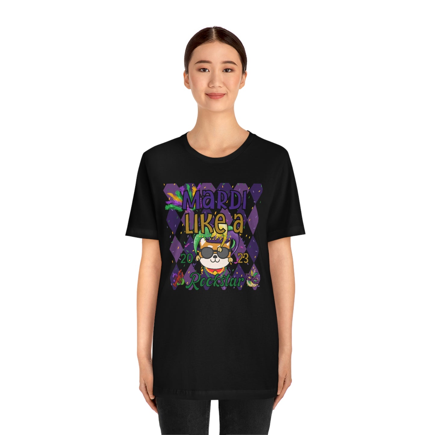 Mardi Gras Shiba Inu T-Shirt - Mardi Like a Rockstar - Dog Lover Gift - Comfortable Cotton Tee