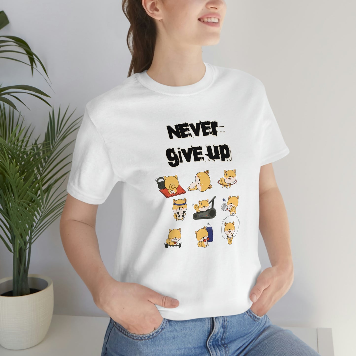 Never Give Up" Workout Shiba Inus T-Shirt - Soft & Durable Jersey Tee