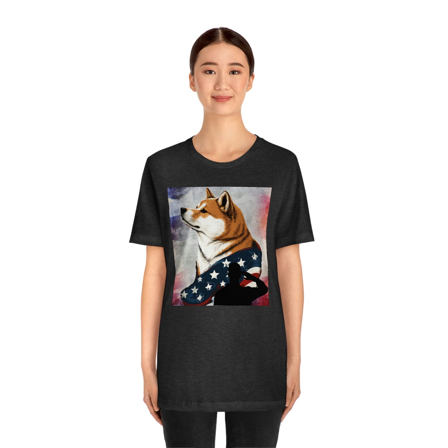 Patriotic Shiba Inu T-Shirt Support Our Troops | American Flag and Soldier Silhouette | Shiba Inu Tee with High-Quality Print