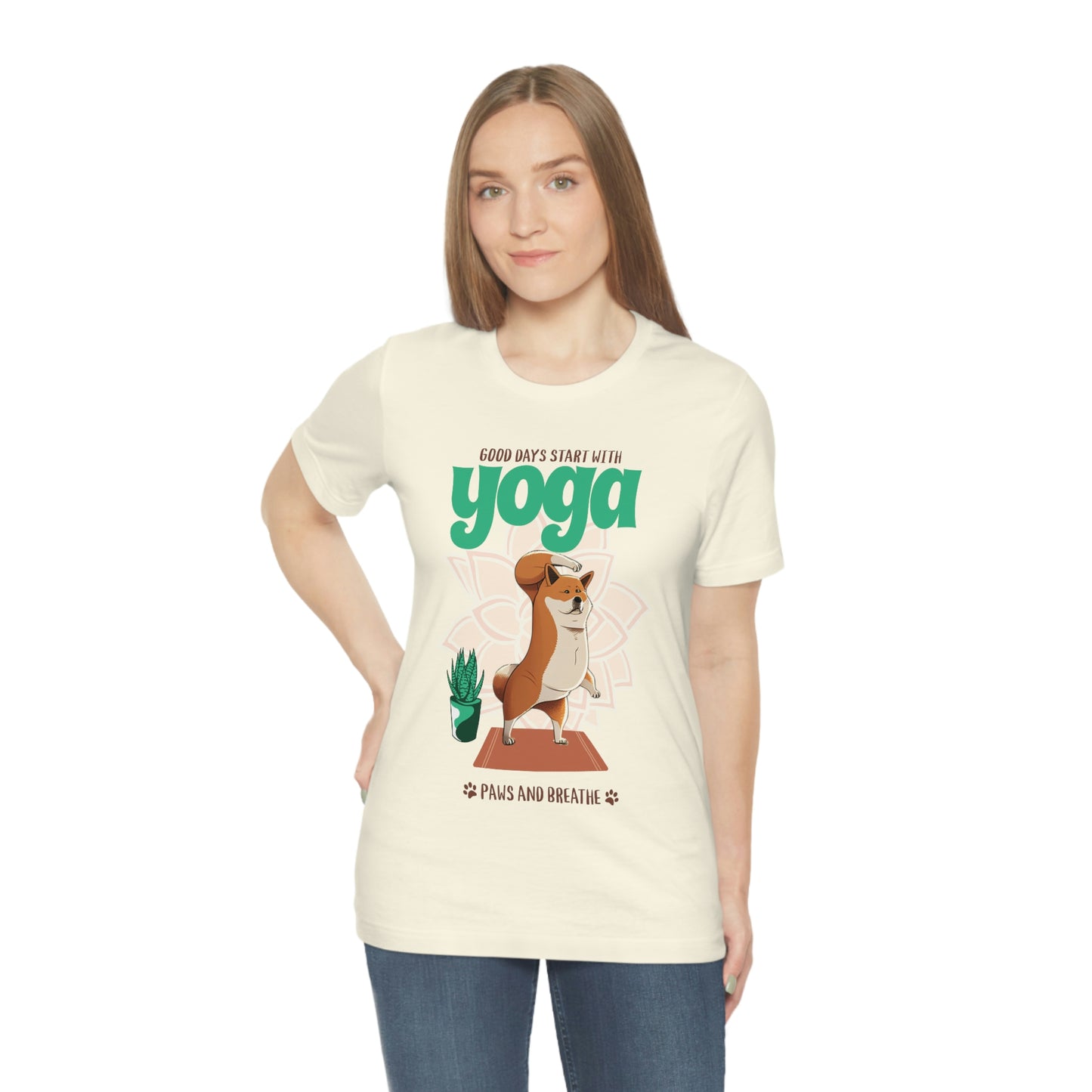 Good Days Start with Yoga, Paws, and Breath Shiba Inu T-Shirt - Soft 100% Retail Fit - Great for Dog Lovers and Yogis