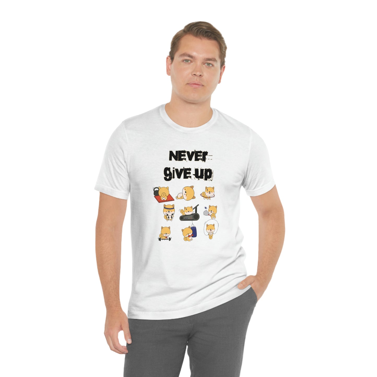 Never Give Up" Workout Shiba Inus T-Shirt - Soft & Durable Jersey Tee