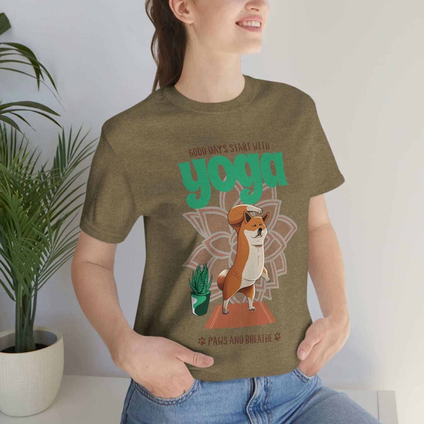 Good Days Start with Yoga, Paws, and Breath Shiba Inu T-Shirt - Soft 100% Retail Fit - Great for Dog Lovers and Yogis