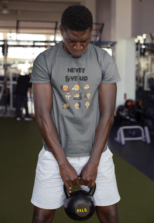 Never Give Up" Workout Shiba Inus T-Shirt - Soft & Durable Jersey Tee