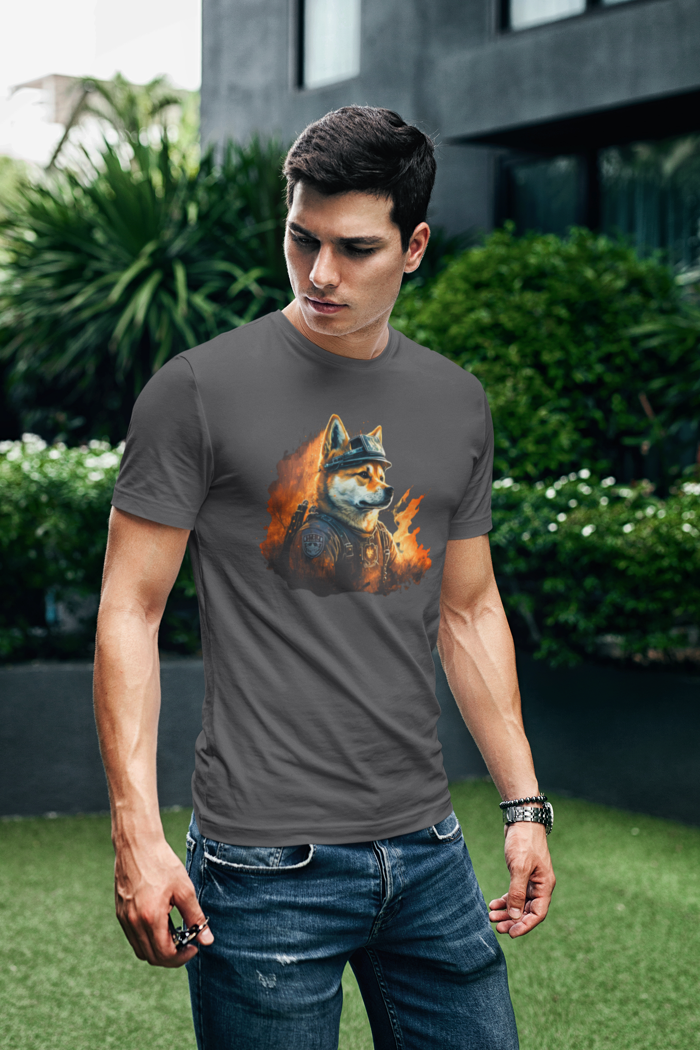 Brave Shiba Inu Firefighter T-Shirt - Flames Design | Shiba Inu Tee with High-Quality Print